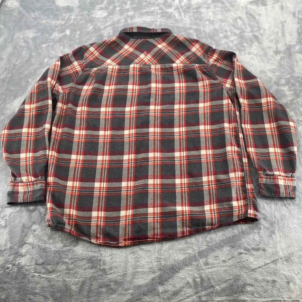REI Co-op Mens Large Grey Orange Plaid Cotton Flannel Shirt Elbow Patches
